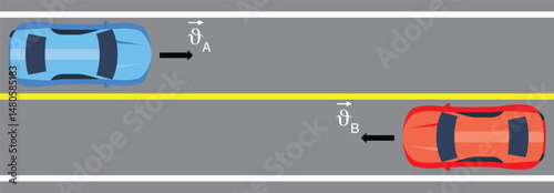 Relative velocity. Different colored vehicles moving at different speeds. Physics lesson example.
