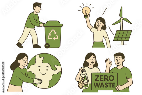 Illustrations of eco-friendly lifestyles feature people protecting the environment through reuse, reduction, and recycling, as well as green energy and zero waste initiatives to save the Earth