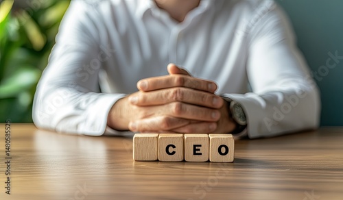 A person in a white shirt, hands clasped, sits at a desk with small wooden blocks spelling out CEO
