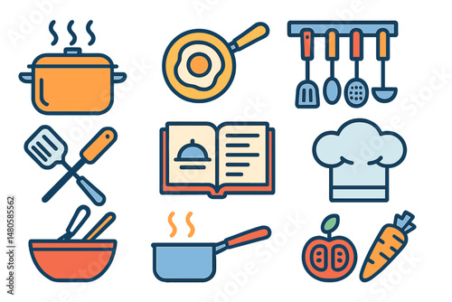A collection of linear icons for cooking, including pots, pans, and kitchen utensils, is available as a set of outline vector signs and symbols