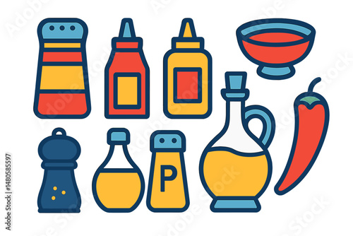 A set of condiment icons is available, presented in a flat style for use in web design