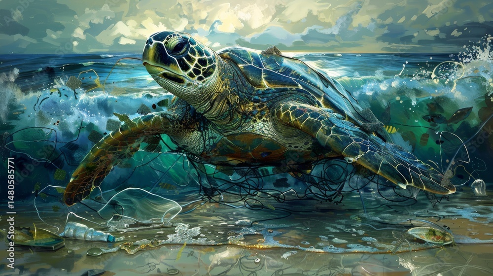 Obraz premium Turtle entangled in plastic rings on contaminated beach with oil stains and grey foam waves