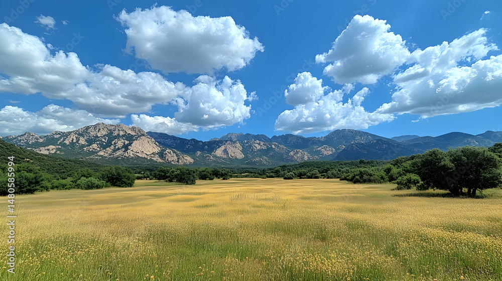 Obraz premium Sunny Summer Landscape: Golden Field and Mountain Range under Blue Sky with Puffy Clouds