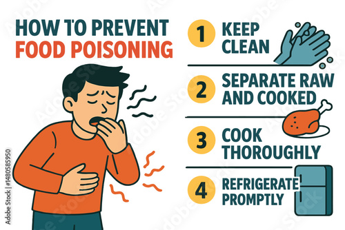 A banner providing information on preventing food poisoning features a cartoon character of an ill man, presented in a flat vector illustration style, alongside a medical explanation of how to
