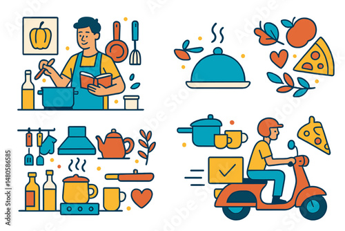 A collection of illustrations focusing on food, cooking, and delivery, showcasing various kitchen scenes, kitchenware, and decorative elements in vector format