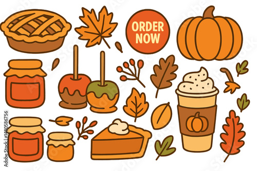 A bundle of hand-drawn clip arts featuring seasonal food and drinks, including apple and pumpkin pie, jam jars with leaves, caramel apples, and pumpkin spice latte, all represented as vector