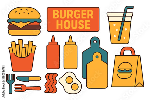 Modern flat vector concept illustrations for a small business, including a burger house menu set with cheeseburger, French fries, lemonade, condiments, eggs, bacon, cutlery, cutting boards, and take