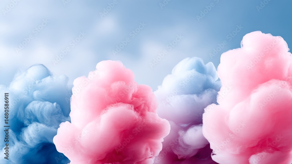 Fototapeta premium Sweet Cotton Candy Clouds - Fluffy pink and blue cotton candy mounds against a light blue sky background. Perfect for food, candy, and fun imagery