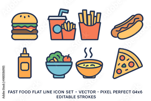A set of flat line icons for fast food, including burgers, combo lunches, french fries, hot dogs, sauces, salads, soups, and pizzas, is available as vector illustrations for restaurant menus in a