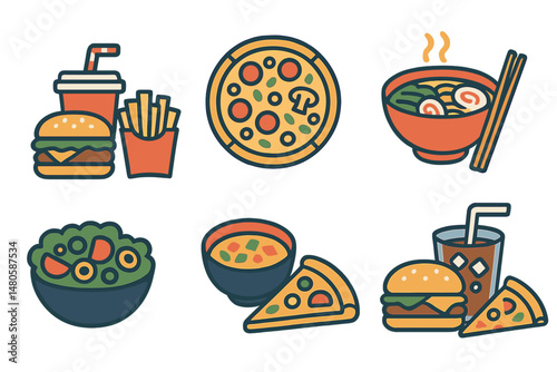 A collection of fast food dishes is presented, featuring a variety of American, Italian, and Asian meals and snacks, including burgers, pizzas, salads, soups, and drinks, all depicted as flat graphic