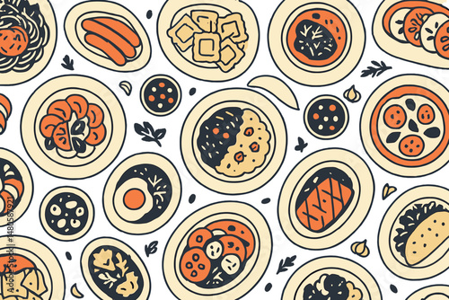 European cuisine seamless pattern from above featuring plates dishes and table in black and white