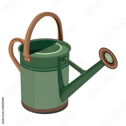 Green watering can with a brown handle and a spout for garden watering tools