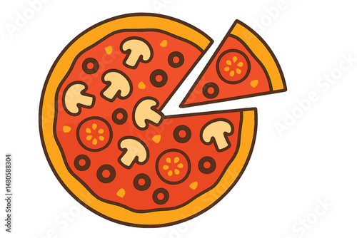 Italian cuisine featuring pizza with mushrooms, tomatoes, cheese, and olives, presented as a flat vector illustration on a white background