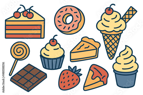 A set of vector illustrations featuring desserts and sweet food in a sketchy style