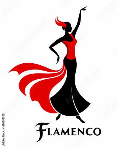 Elegant Silhouette of a Flamenco Dancer in a Flowing Red Dress