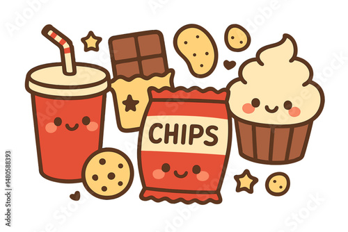 Vector illustration of hand drawn snack food products with a kawaii theme
