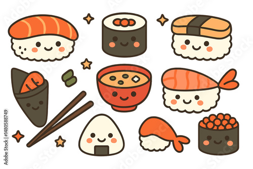 A collection of hand-drawn kawaii sushi is presented in a colored vector set with isolated elements