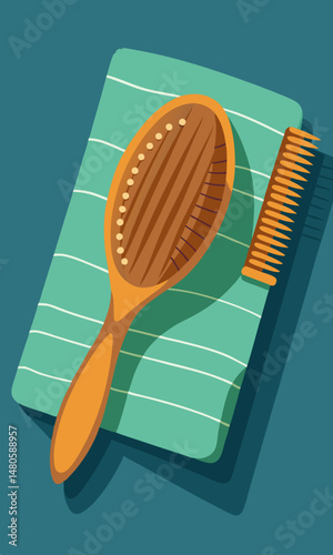 Wooden Hairbrush and Comb Resting on a Teal Striped Towel