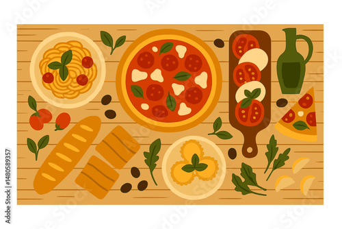 Vector illustration of Italian food on a wooden table, shown from a top view