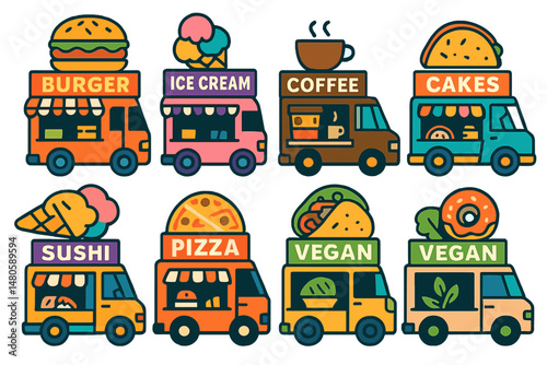 A collection of food trucks offering various items such as burgers, ice cream, coffee, cakes, pizza, sushi, tacos, donuts, vegan options, and more