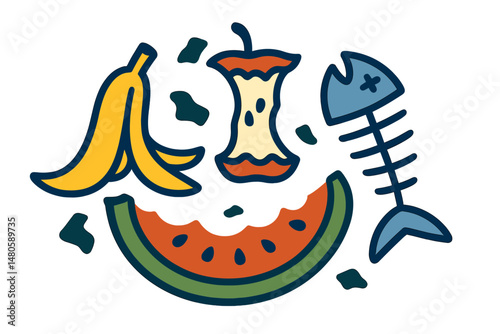 Isolated on a white background is organic waste, including food compost rubbish such as banana and watermelon rind, fish bone, and apple stump
