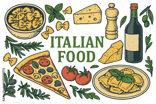 Italian cuisine is depicted in a frame, showcasing various dishes including farfalle pasta, pizza, and ravioli, accompanied by cheese, as part of a food and drink menu design template featuring a
