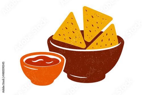 Mexican nachos are silhouetted in a bowl with sauce for a fast food hand drawn stamp effect vector illustration