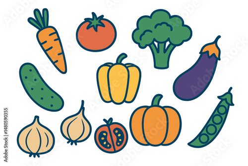 A vector food set suitable for your design, featuring cute doodle illustrations of vegetables isolated on a white background