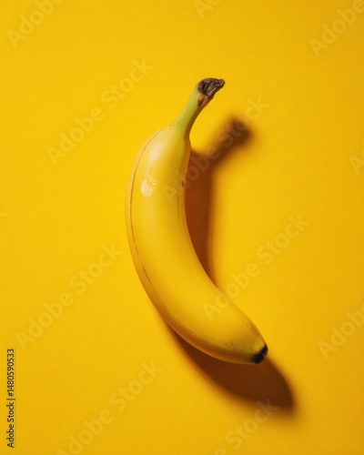 Single ripe banana casting shadow on bright yellow background overhead shot studio lighting minimalist food photography photo
