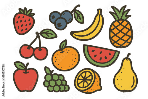 Hand-drawn style set of fruit, drawing food elements for menu design, label, and packaging, icons in vector illustration