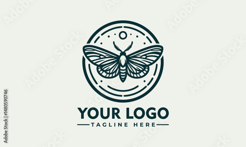 Symmetrical moth illustration with detailed wings enclosed in minimal circular frame. Nature concept
