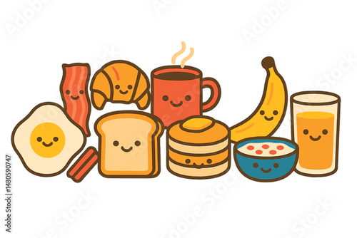 A set of adorable breakfast food and beverages with humorous expressions is presented in a kawaii vector format