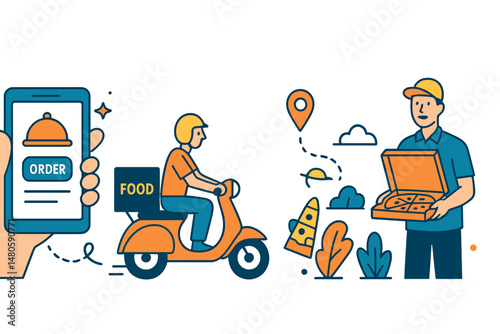 A collection of scenes depicting the delivery of takeaway food, including a mobile app for online ordering, and featuring a pizza delivery person on a scooter and bicycles, presented as a flat vector