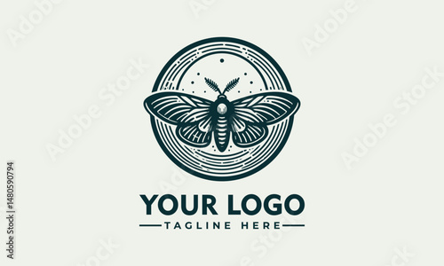 Symmetrical moth illustration with detailed wings enclosed in minimal circular frame. Nature concept
