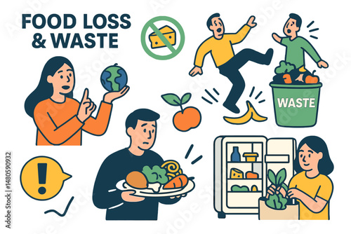 Vector illustration representing the issue of food loss and waste, with characters working to minimize meal garbage and excessive consumption, highlighting the environmental and resource implications