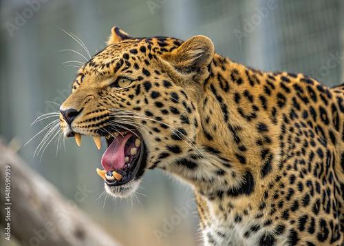 Close-up of leopard with open mouth showing sharp teeth