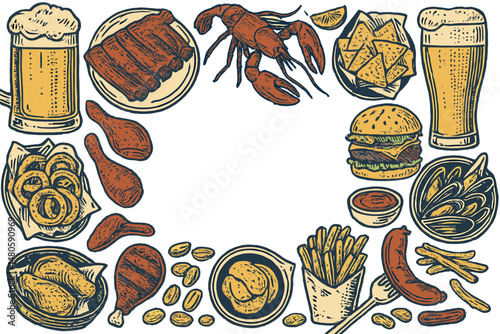 A vector illustration of a pub food frame features hand-drawn beer, meat, mussels, fast food, and snacks, suitable for pub design from a top view, presented in a vintage engraved style for a beer