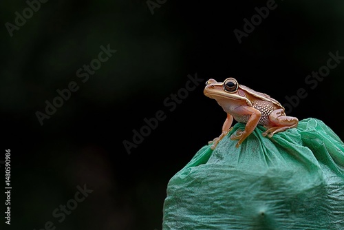 macro view of tiny frog sitting on green plastic bag, wildlife and pollution contradiction 