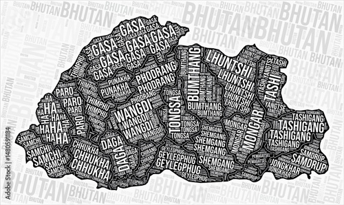 Bhutan regions map word cloud. Bhutan region names. Black and white map design. Elegant vector illustration.