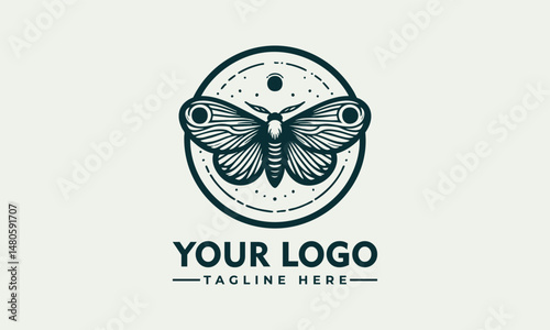 Symmetrical moth illustration with detailed wings enclosed in minimal circular frame. Nature concept
