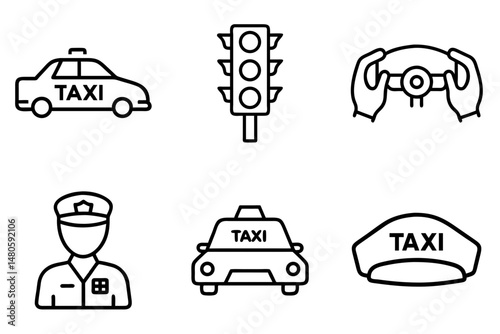 Line icons set of taxi elements including car, driver, and traffic light, vector 