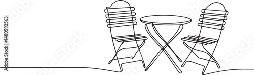 Continuous line art drawing of classic garden chairs and table, minimalist black linear sketch of outdoor dining room furniture on white background


