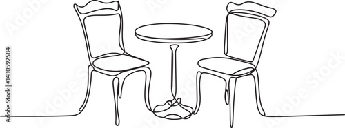 Continuous line art drawing of classic garden chairs and table, minimalist black linear sketch of outdoor dining room furniture on white background

