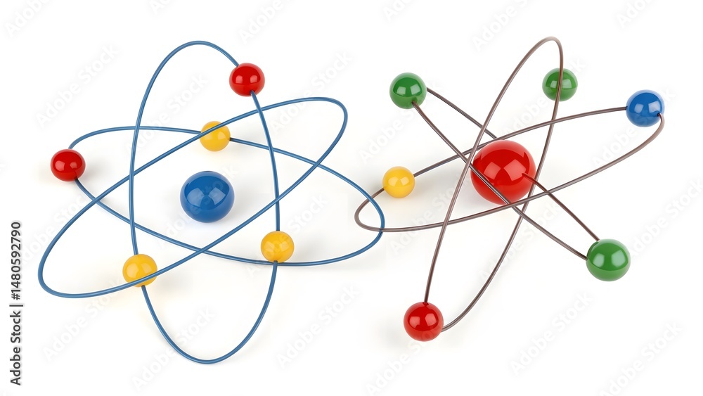 Vibrant Atom and Molecule Illustration on White Background, Science Education Stock Photo Vibrant Atom and Molecule Illustration on White Background, Science Education Stock Photo
