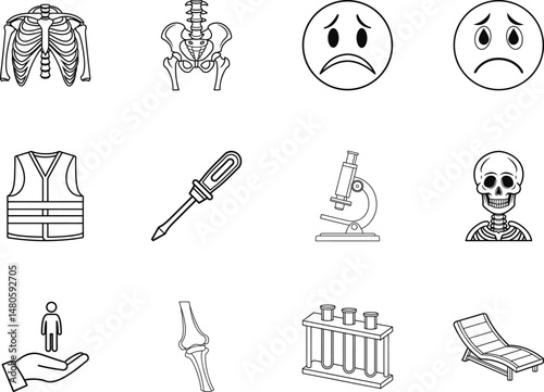 Black and white line art showcases scientific, medical, and industrial objects on white