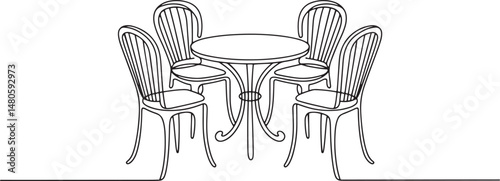 Continuous line art drawing of classic garden chairs and table, minimalist black linear sketch of outdoor dining room furniture on white background


