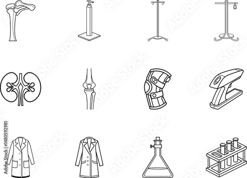 Black outlined medical tool and equipment icons showcase medicine and healthcare line art set