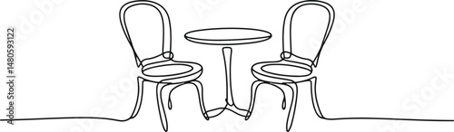 Continuous line art drawing of classic garden chairs and table, minimalist black linear sketch of outdoor dining room furniture on white background

