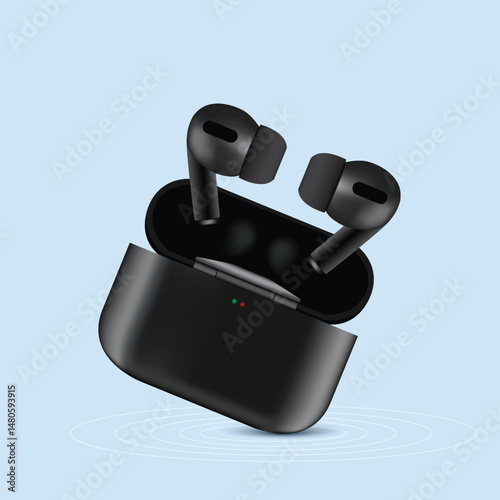 Realistic Wireless Earbuds with Charging Case on Blue Background, Modern Black Wireless Earbuds with Charging Dock, Vector Illustration, 3d Render of tws isolated, wireless earphones, Wireless Stereo.