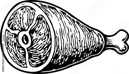 Black and white illustration of a cooked drumstick with bone, simple graphic style, representing Eid al-Adha meat, traditional food, and culinary art